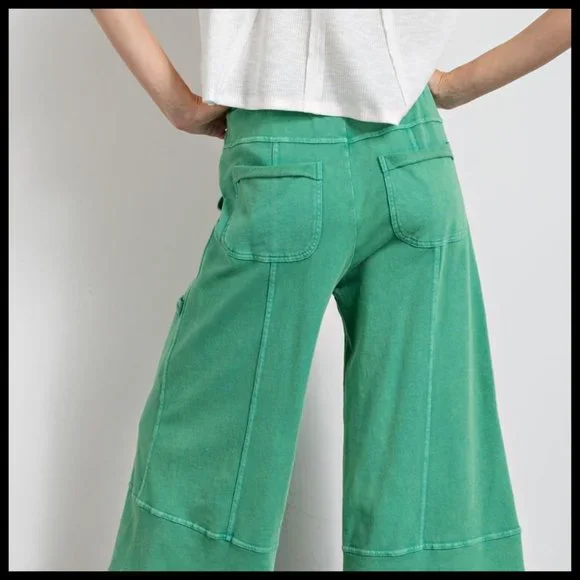 EASEL "Perfect Cargo" Terry Knit Mineral Washed Flared Leg Pants Raw Seams, Hems - Picture 4 of 15
